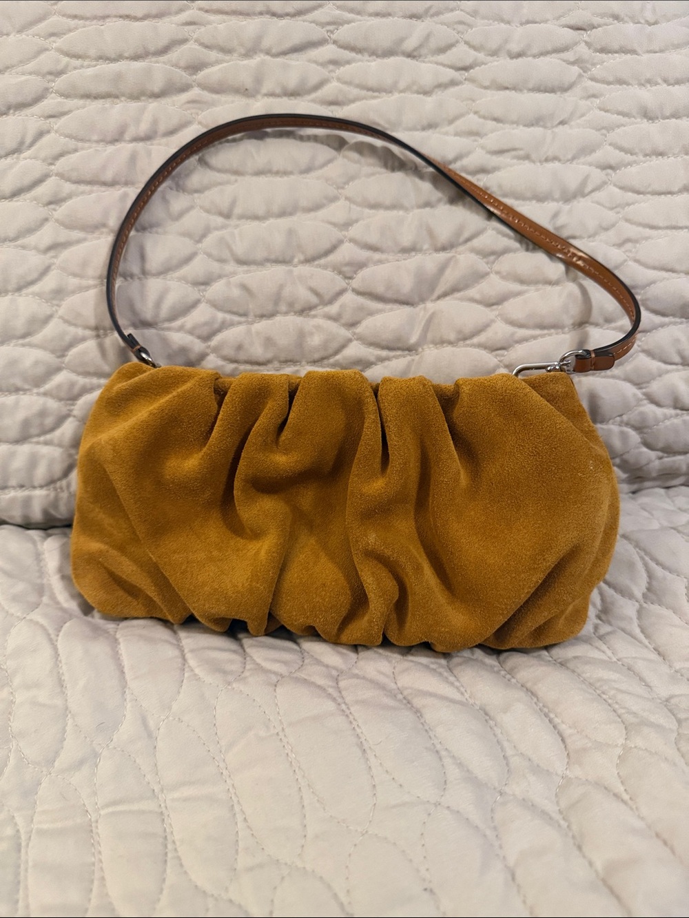 Staud Ruched Suede Bag in Caramel. A shoulder bag, handbag or a clutch.